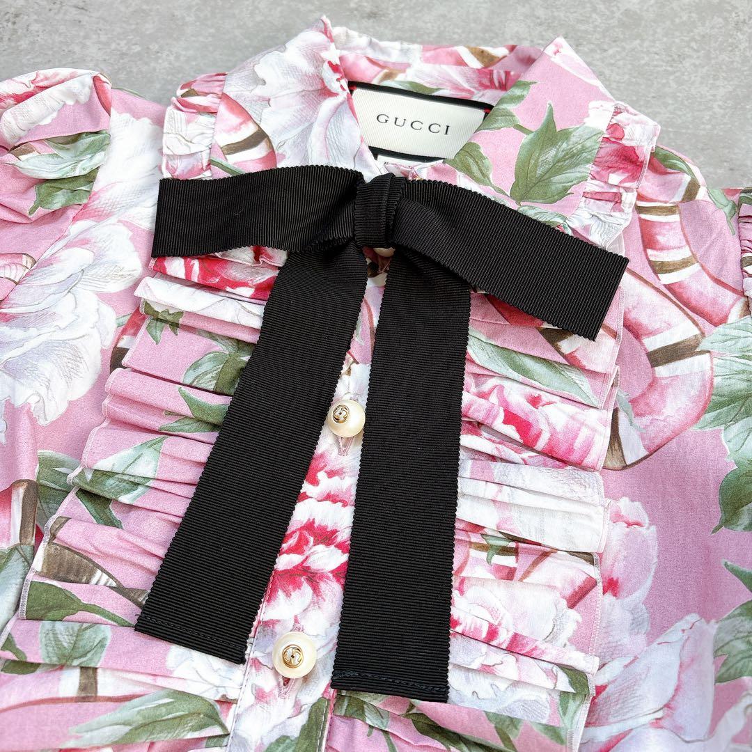 美品✨GUCCI 花柄×スネーク　フリル　リボンシャツワンピース　ミニ　ブラウス