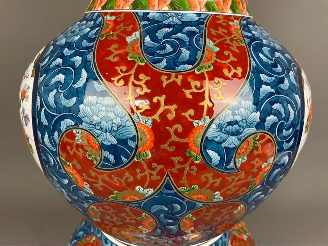 有田焼銘工 藤井勝雲 極上 染錦 花鳥図花瓶 金箔 金彩色絵 双耳 飾壷 置物