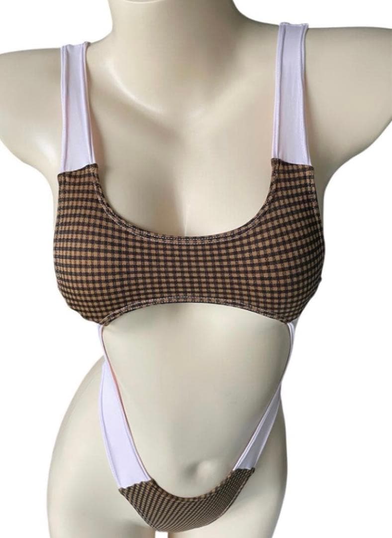 レオタード　ハイレグ　穴あき　くるみ格子×パステルピンク