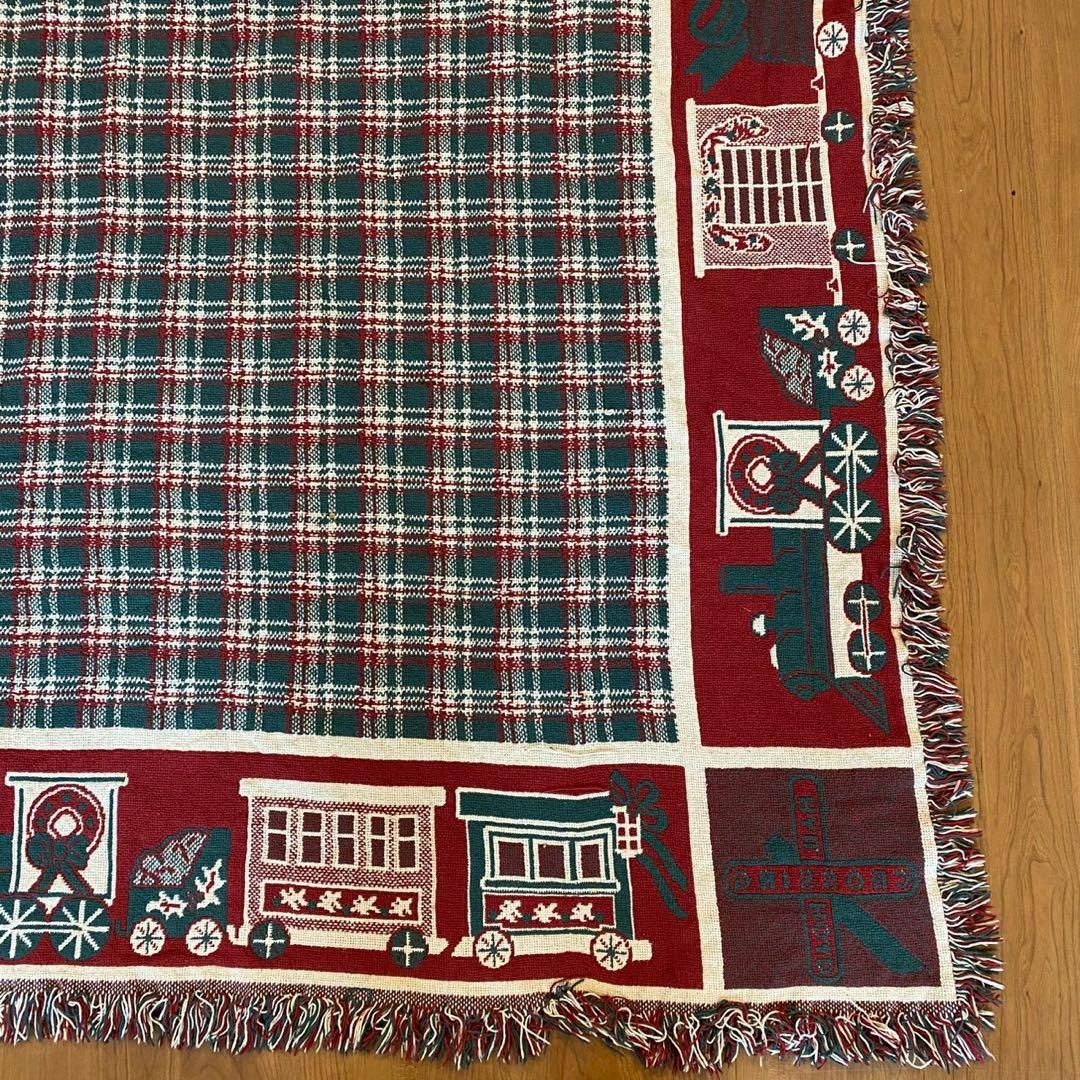 ヴィンテージ ゴブラン織り ラグ トレイン柄 両面配色 160×114 チェック