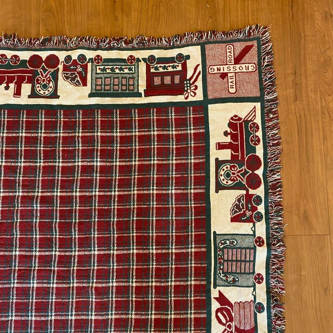 ヴィンテージ ゴブラン織り ラグ トレイン柄 両面配色 160×114 チェック