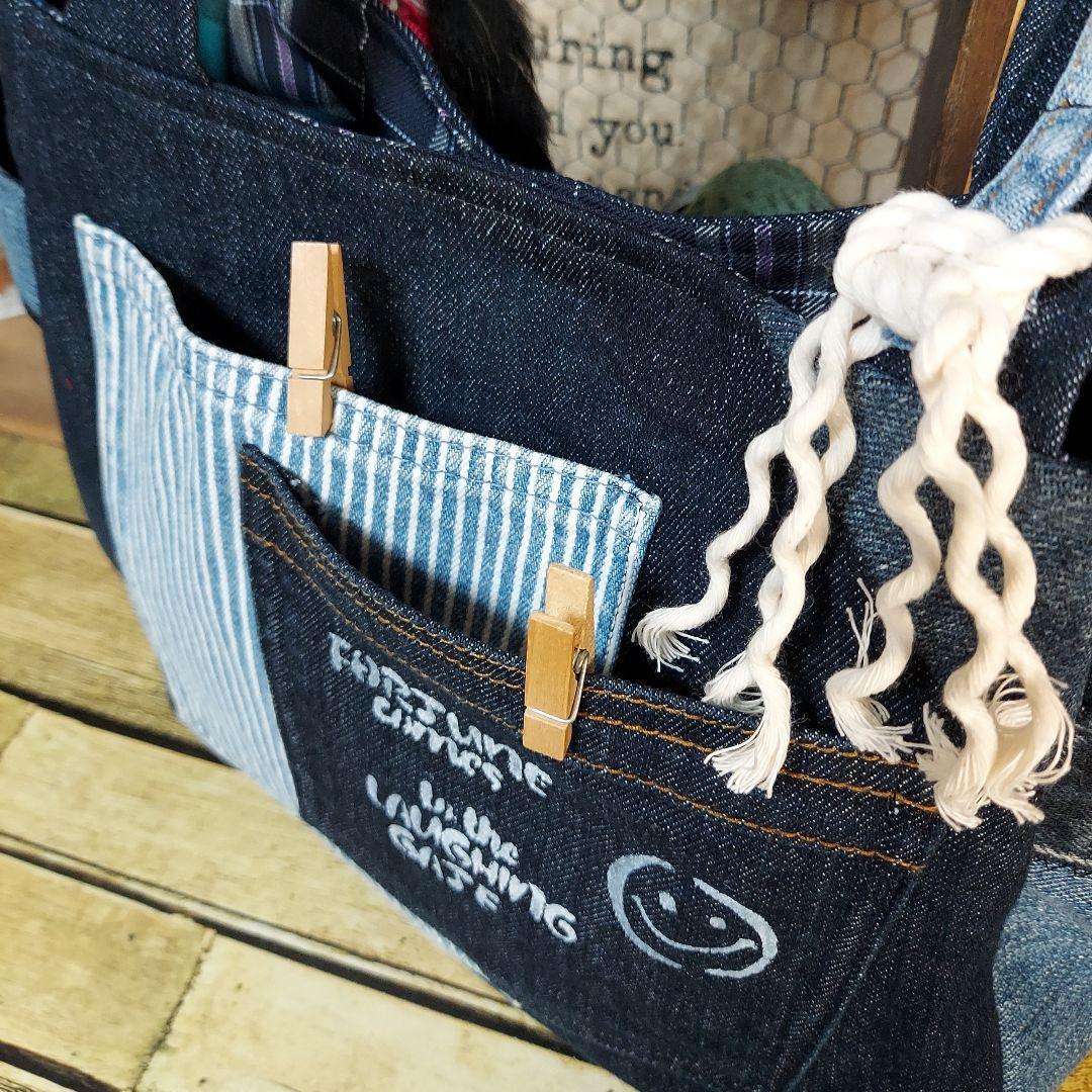 刺繍デニムバック　No.638　デニムリメイク　チューリップバック　刺繍バック