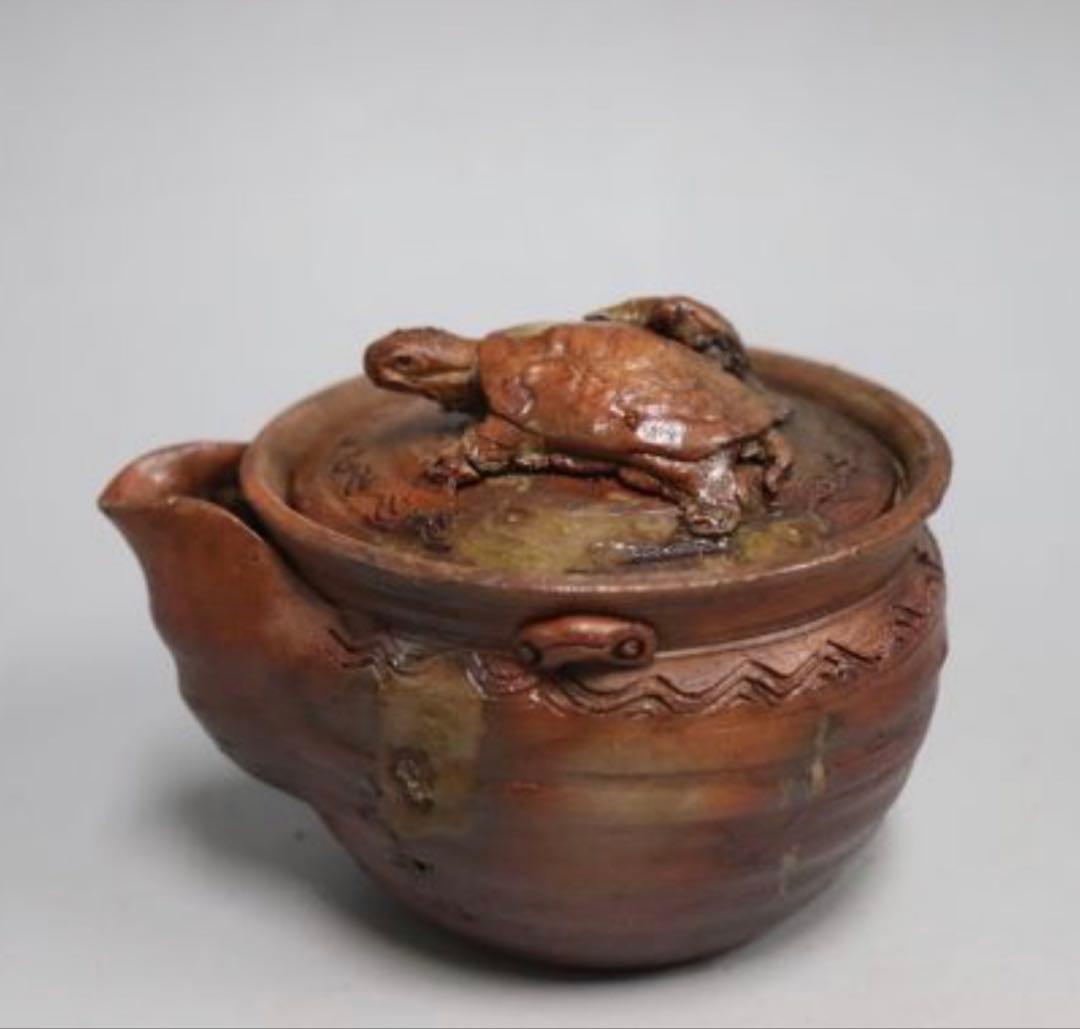 カセ赤秞備前焼名工岡安宮山人作備前陶器亀摘手造宝瓶長寿母子亀