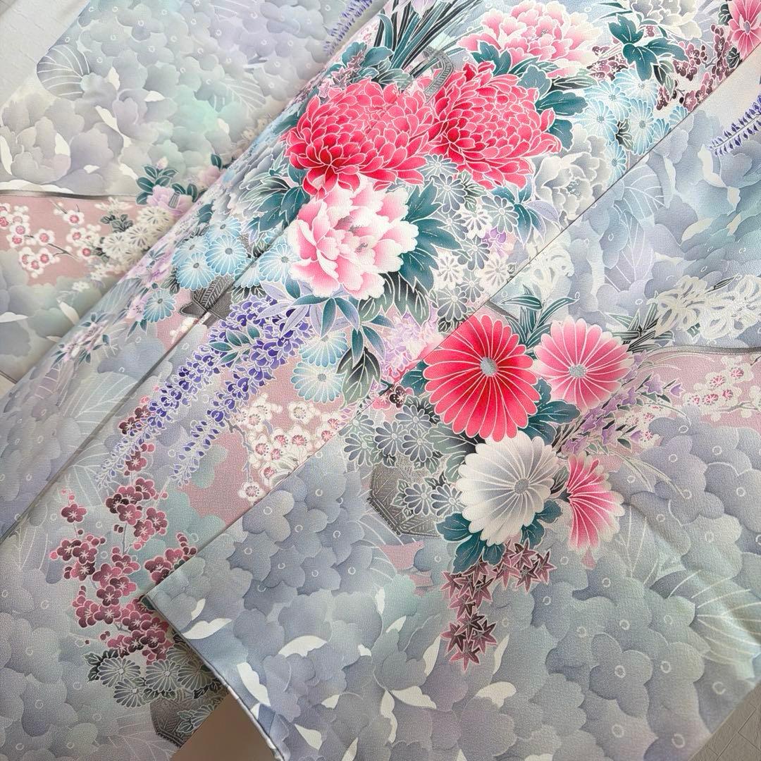 490 振袖フルセット 正絹 オフホワイト グレー 銀彩 暈し染め