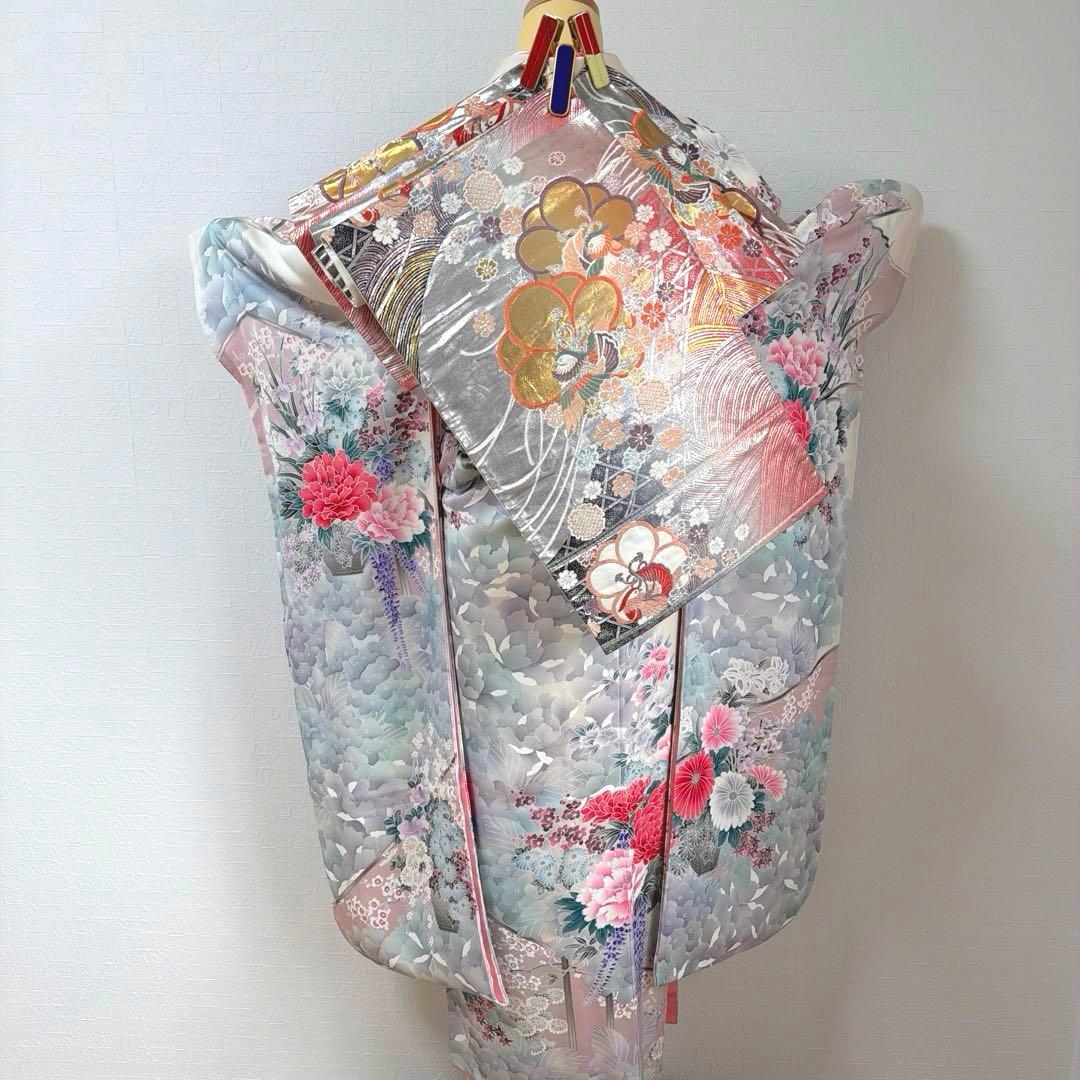 490 振袖フルセット 正絹 オフホワイト グレー 銀彩 暈し染め