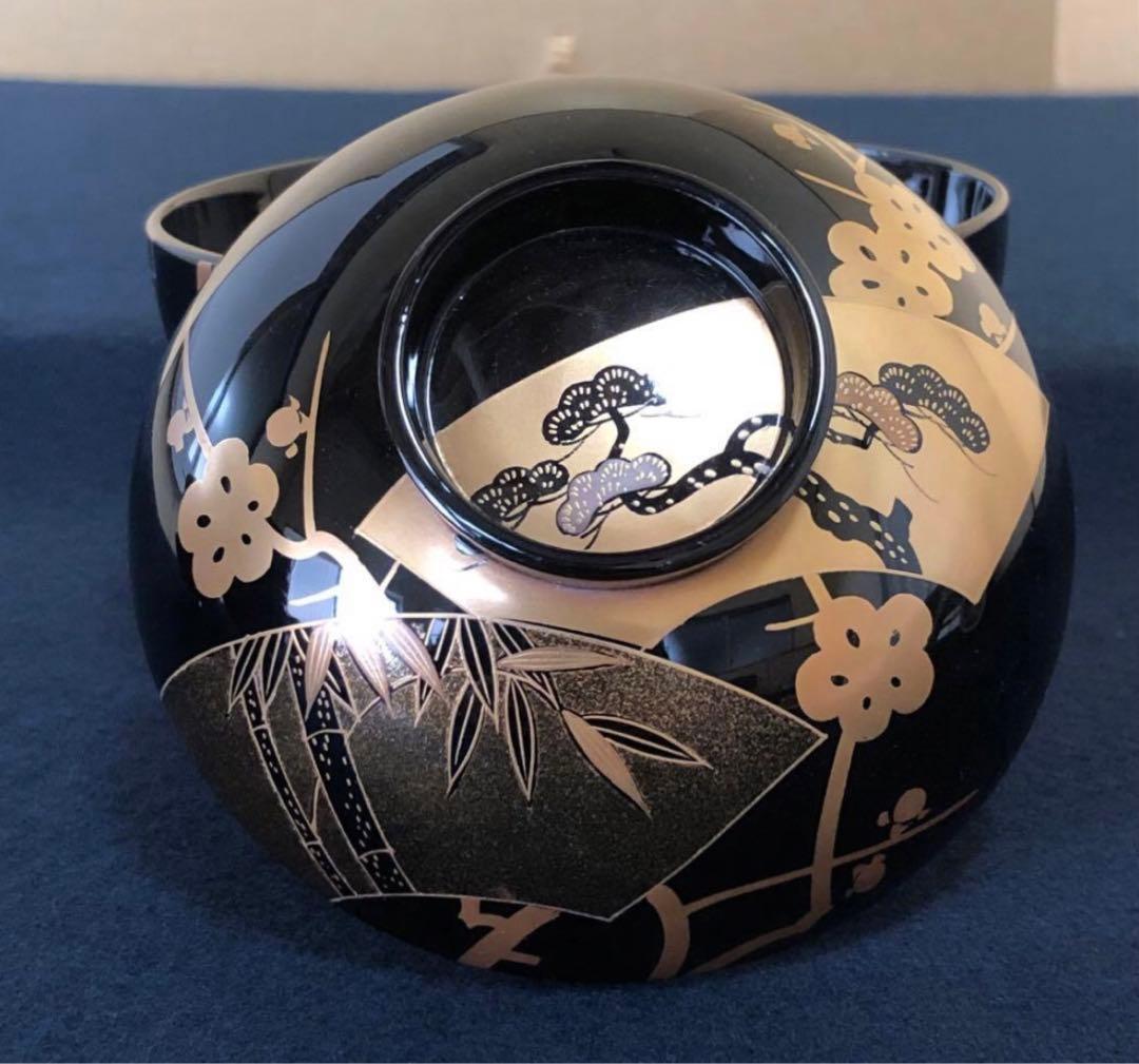 《R》輪島塗 黒塗 蒔絵付 吸物椀5客 木製漆器 木箱　260107か5