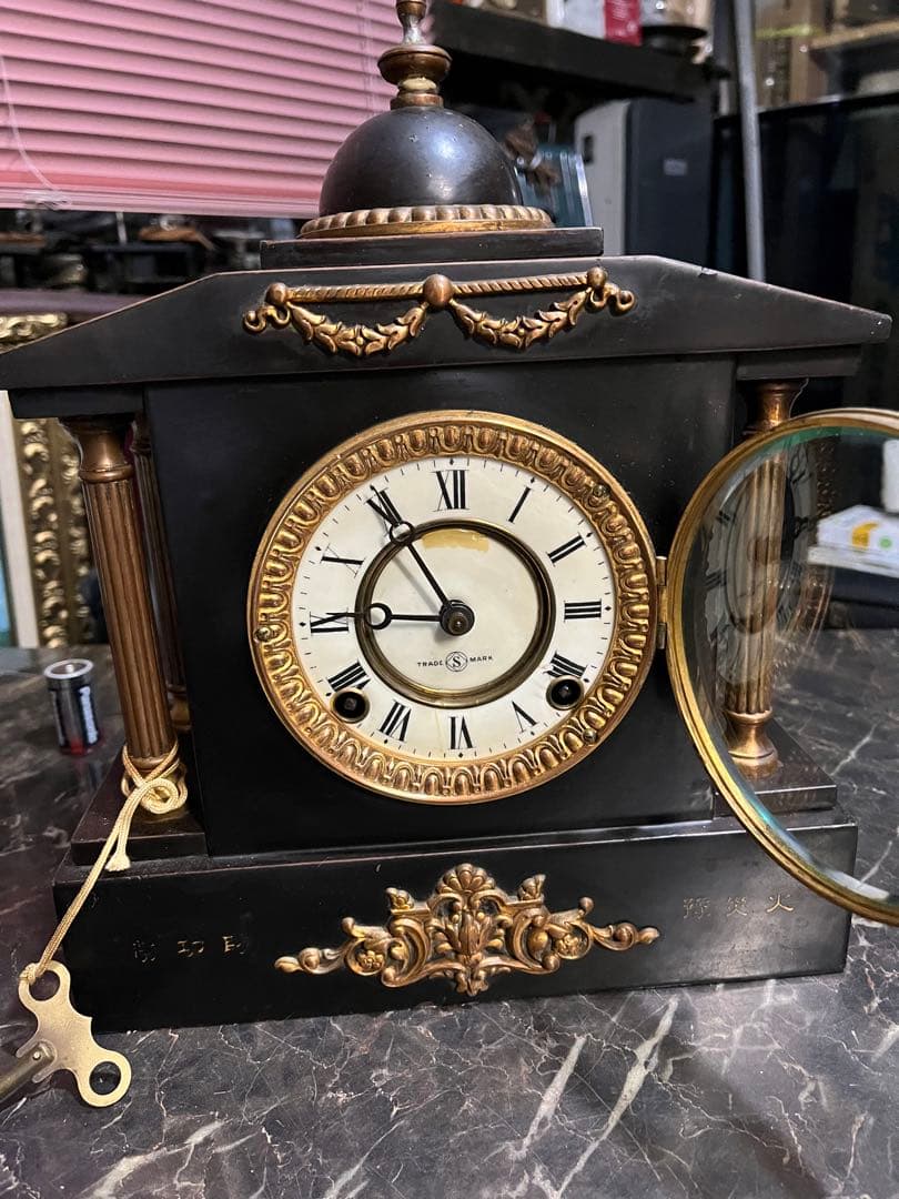 アンティーク置き時計、精工舎鉄製置き時計、14K使用、ゼンマイ置き時計、置時計