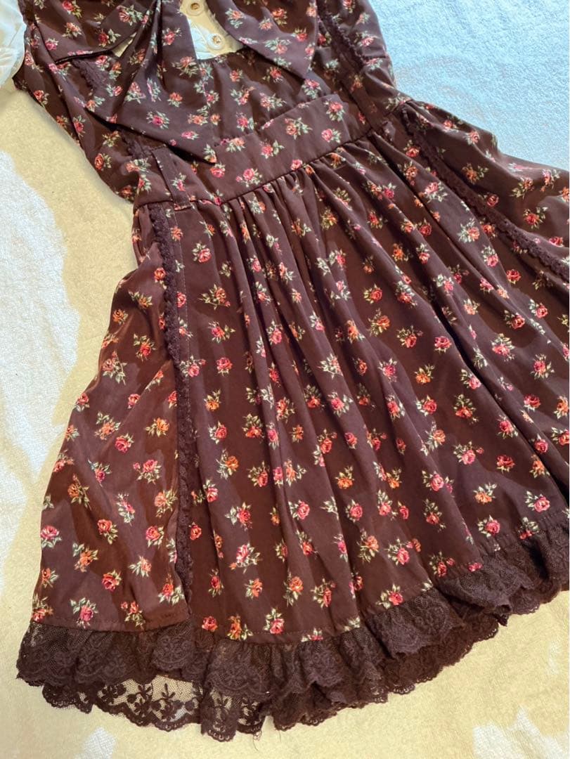 LIZLISA 希少 BIGリボンAラインワンピース 重ね着風 ローズ柄 姫カジ