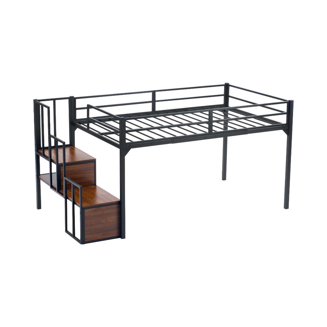 ロフトベッド-120cm パイプベッド 階段付き ロータイプ 耐震 ベッド