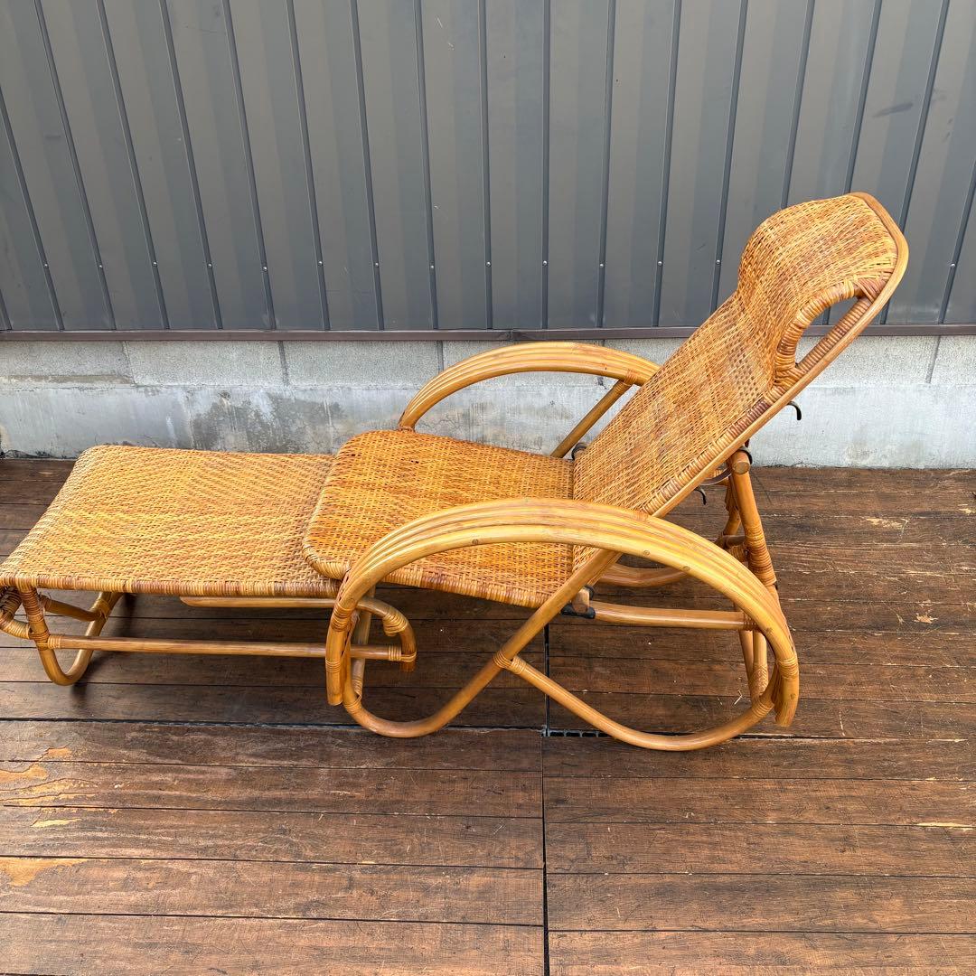 昭和レトロ ラタンリクライニングチェア オットマン付き 1人掛けソファー籐家具