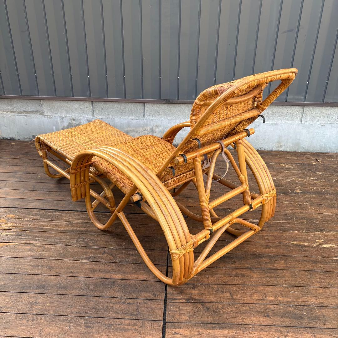 昭和レトロ ラタンリクライニングチェア オットマン付き 1人掛けソファー籐家具