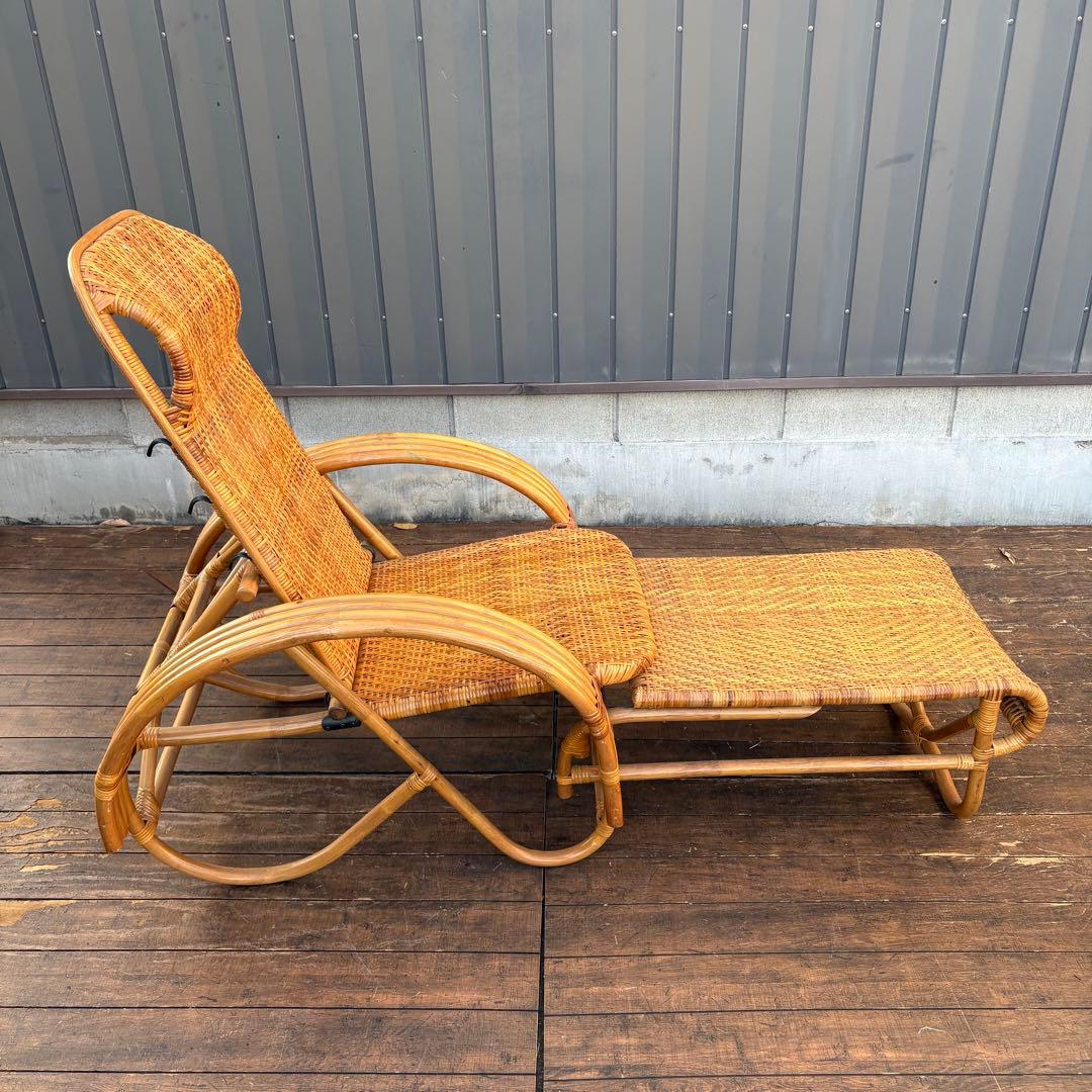 昭和レトロ ラタンリクライニングチェア オットマン付き 1人掛けソファー籐家具