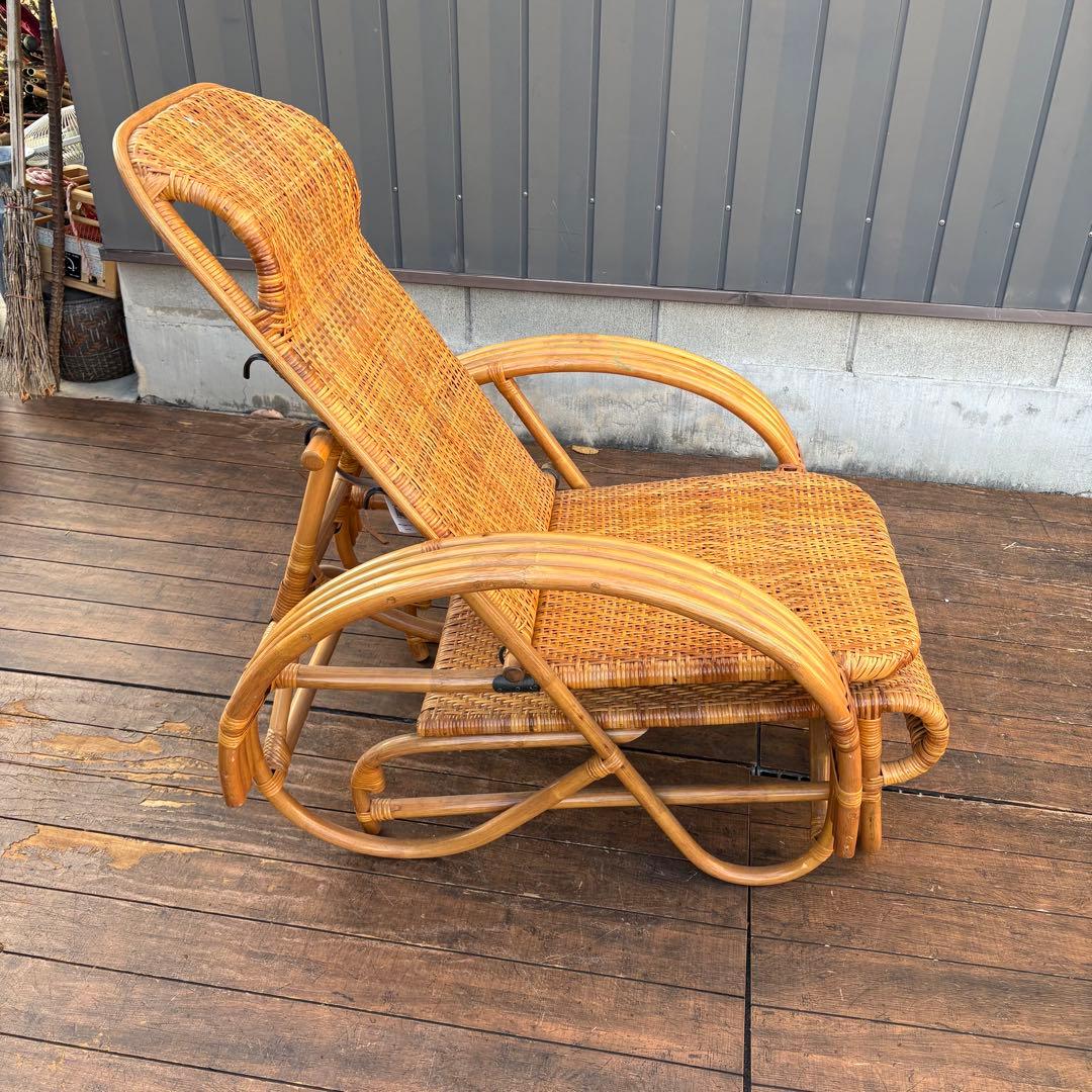昭和レトロ ラタンリクライニングチェア オットマン付き 1人掛けソファー籐家具