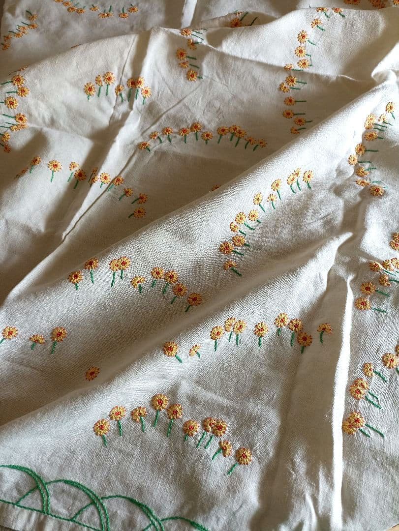 フランス 大判 テーブルクロス リネン 刺繍 花 麻 ベージュ ヴィンテージ