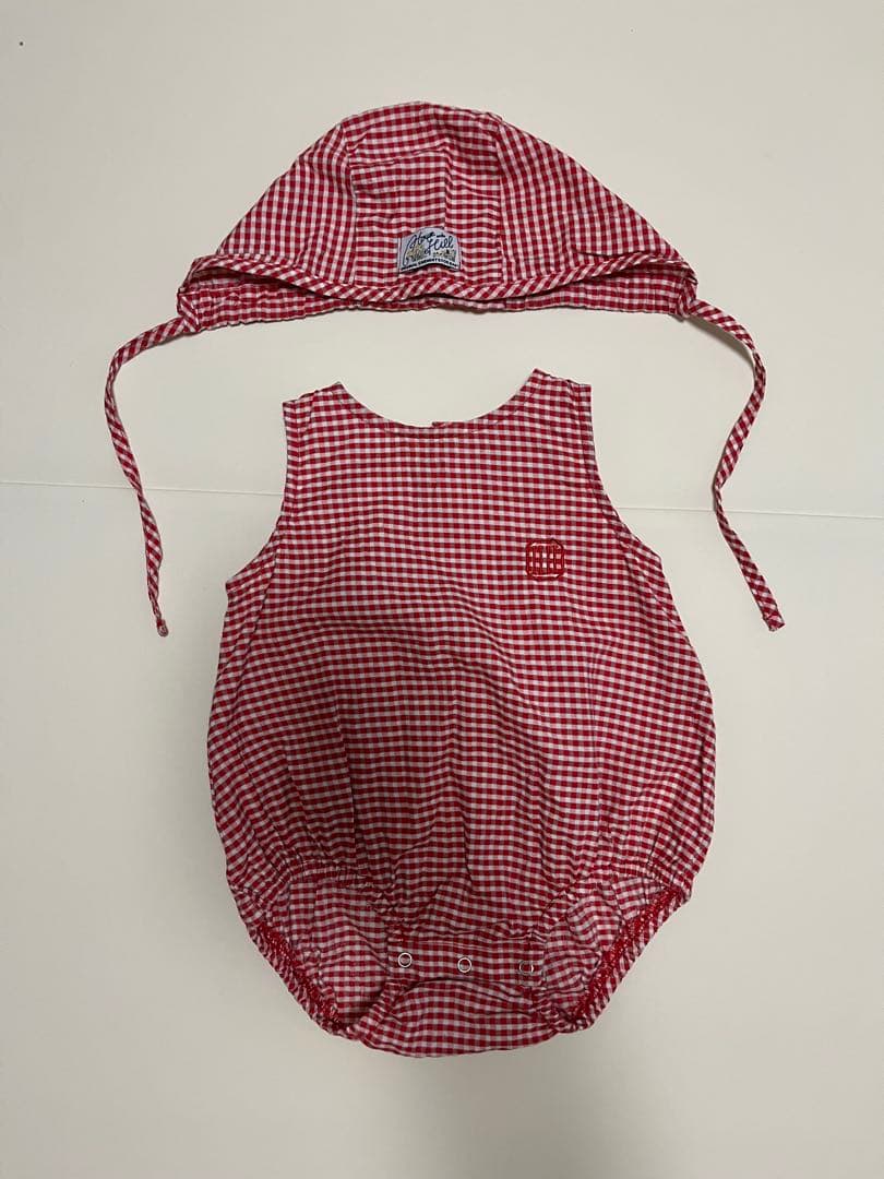 house on the hill 赤チェックロンパース&ボンネット 70