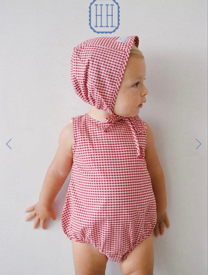 house on the hill 赤チェックロンパース&ボンネット 70