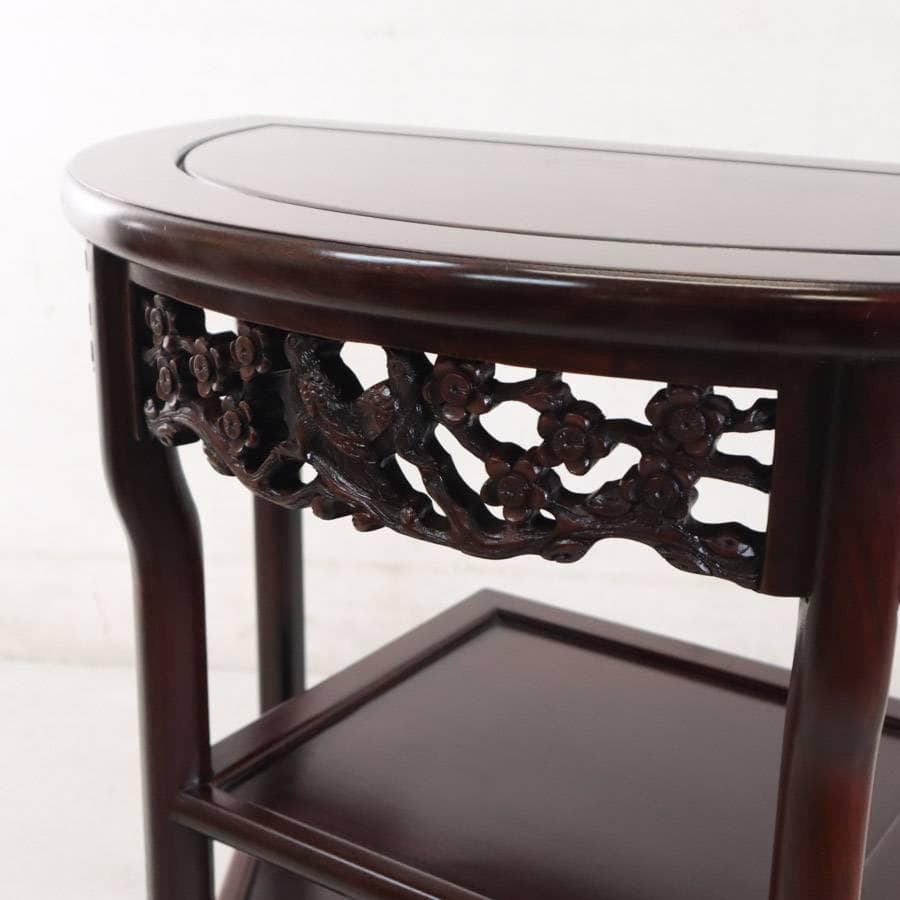 値下げ 銘木 唐木 花梨無垢 花鳥透かし彫り 違い棚 ハーフムーンコンソール