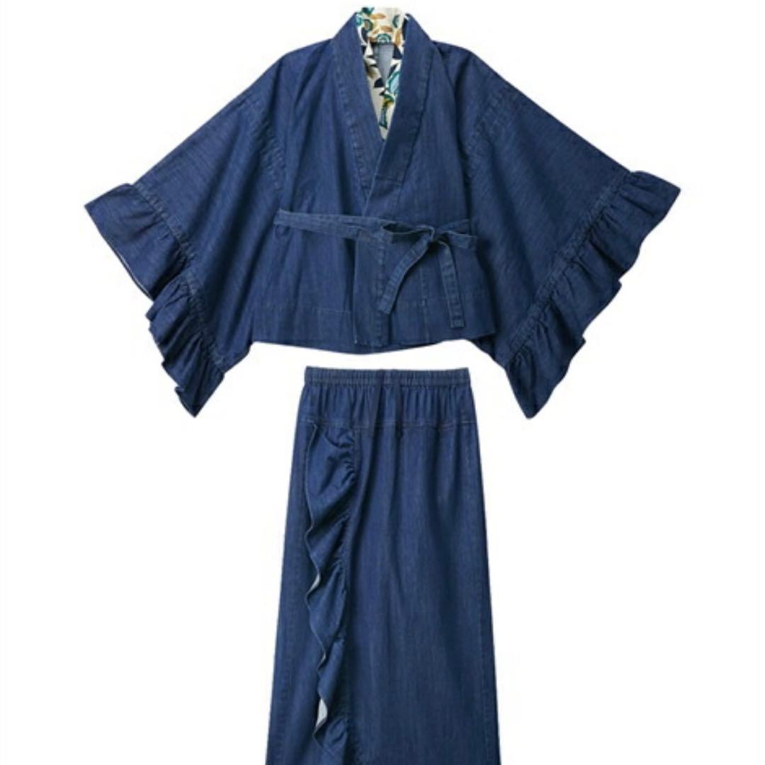 浴衣　二部式　作り帯ち付き　デニム　ネイビー　L〜LL
