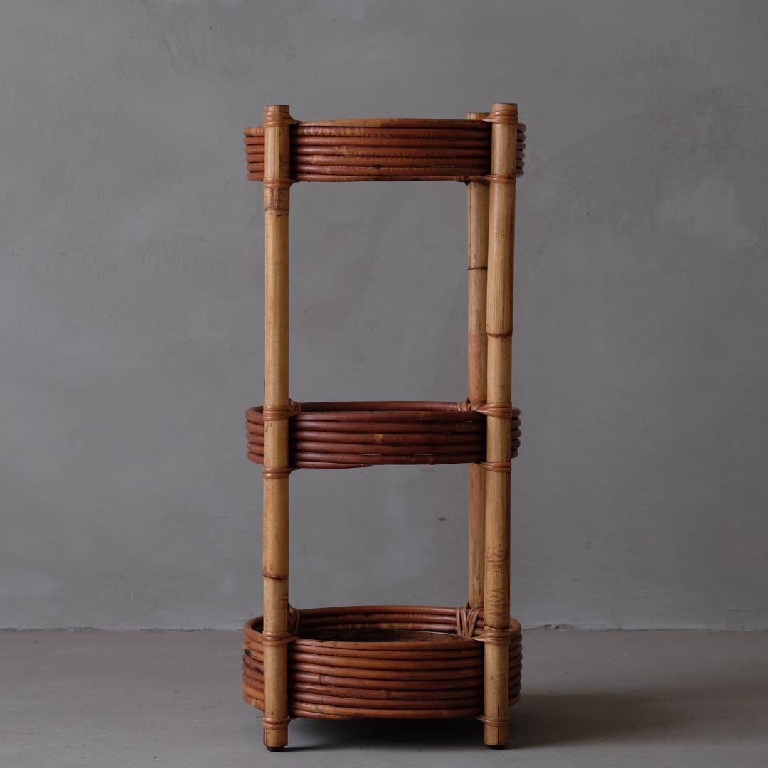 竹とラタンの円柱型傘立て　アンブレラスタンド 古家具 古道具 昭和レトロ