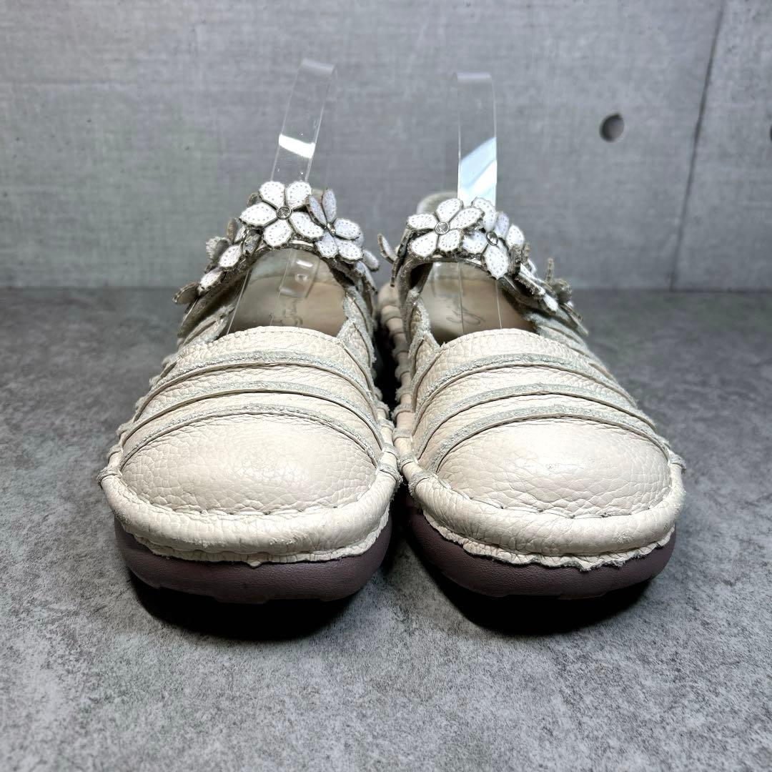 極美品【エスタシオン】お花 レザーメリージェーン/厚底/フラワー/ビジュー/幅広