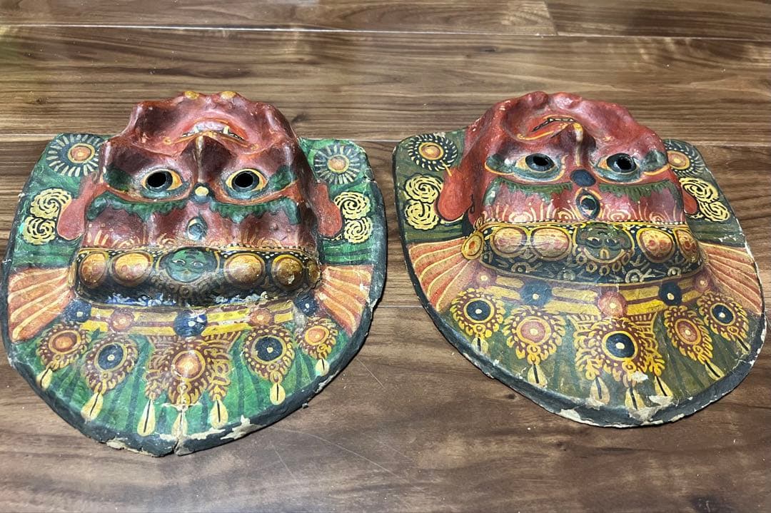 ネパール 民族仮面 ヴィンテージ風 お面 2点セット 壁掛け