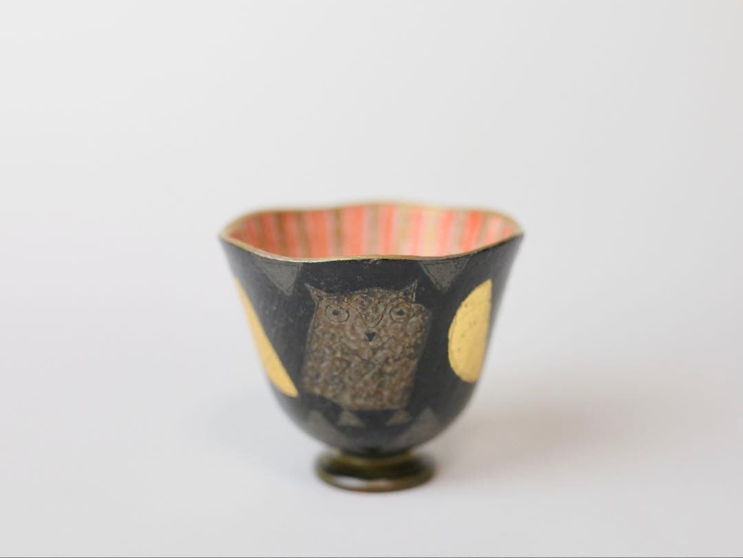 前田正博　色絵梟絵 陶芸 ぐい呑み 茶碗