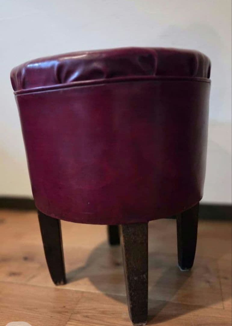 ☆アンティーク/レザー製バーガンディ円形スツール☆