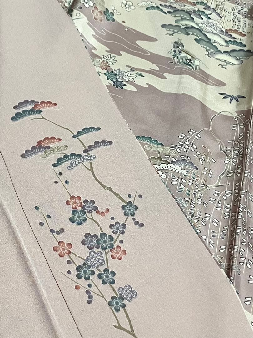 本場縞大島紬 付下げ訪問着 型絵染 桜楓楼閣 江戸風景 共八掛 証紙 イ6605