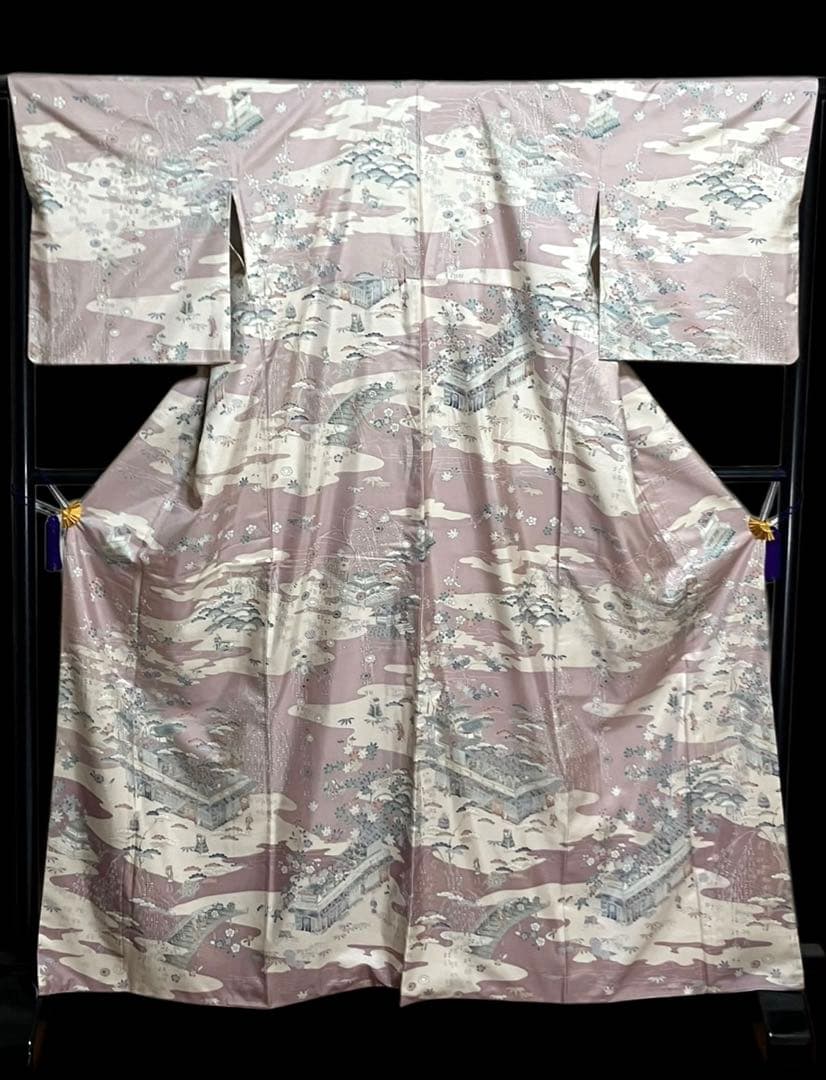 本場縞大島紬 付下げ訪問着 型絵染 桜楓楼閣 江戸風景 共八掛 証紙 イ6605