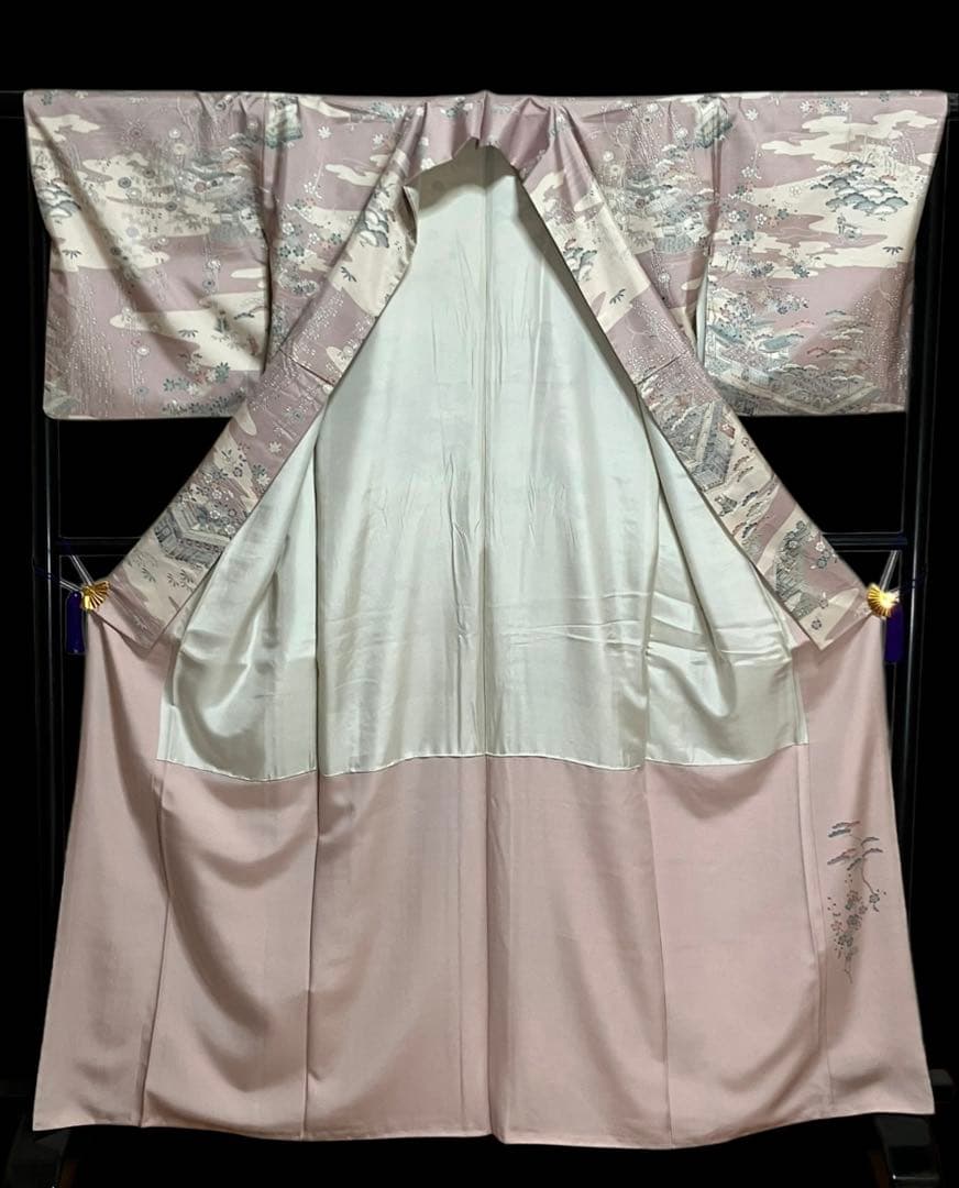 本場縞大島紬 付下げ訪問着 型絵染 桜楓楼閣 江戸風景 共八掛 証紙 イ6605