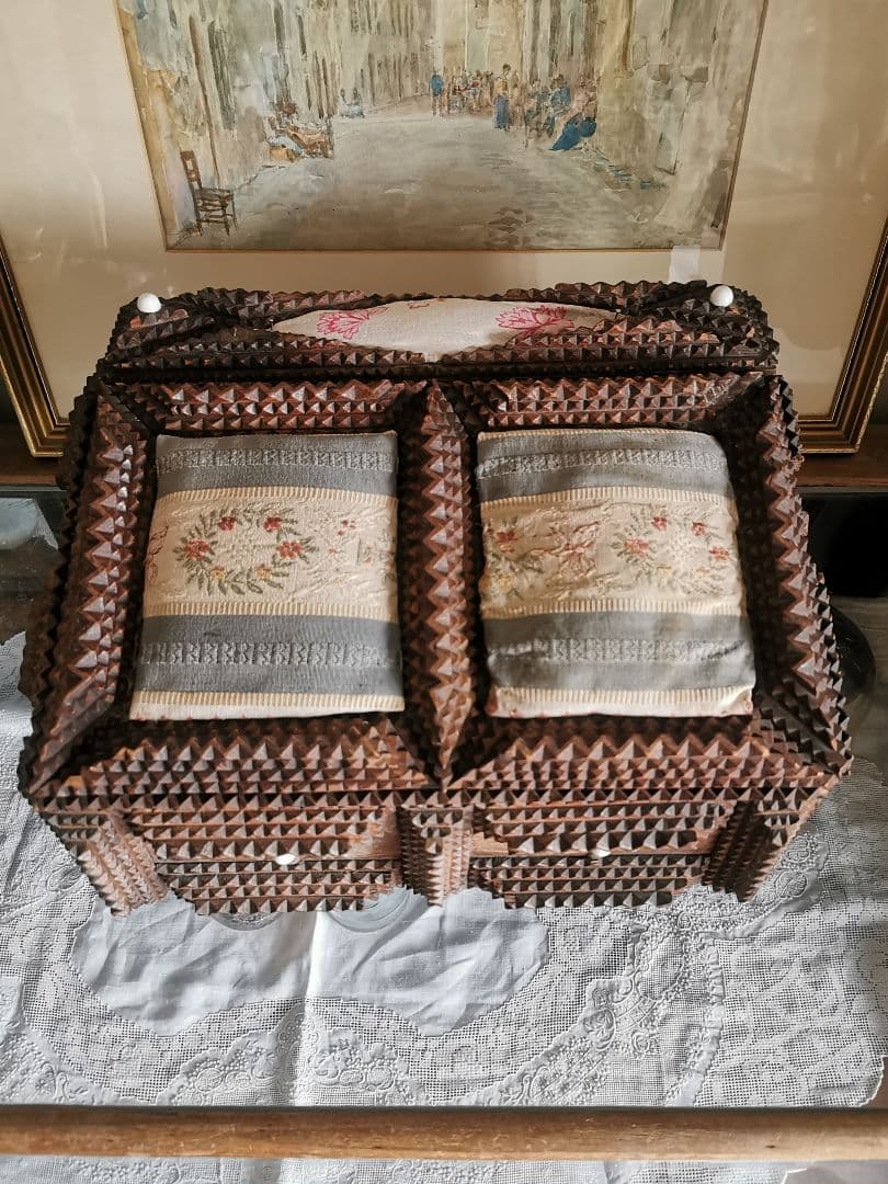 アンティーク トランプアート 木工レース細工ボックス 針箱 フレンチファブリック