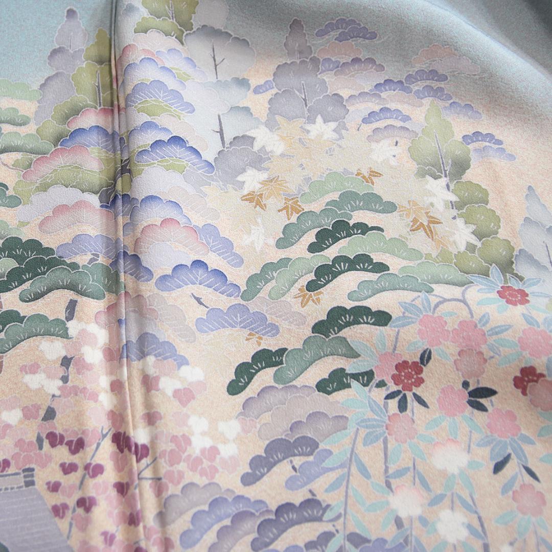 未使用　友禅柄　160cm　Mサイズ　灰水色　正絹色留袖　a919