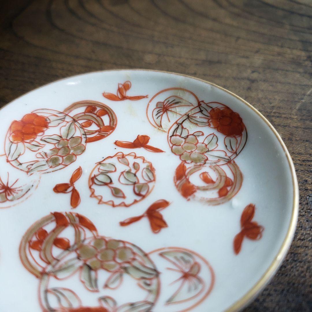 豆皿　小皿　4枚　白磁　赤絵　絵付　古伊万里　蝶　丸窓　唐草　江戸