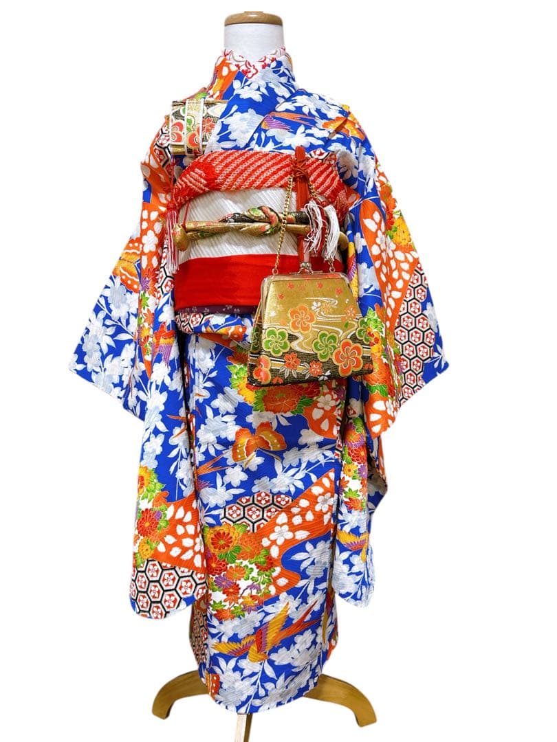 レトロ着物♡七五三　7歳　女の子　フルセット　一式　青系　アンティーク