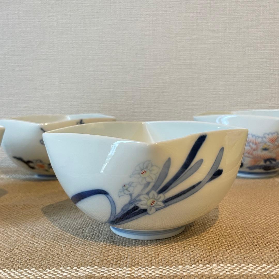 【美品】深川製磁 小鉢 4客セット 四季の花 菱形 有田焼