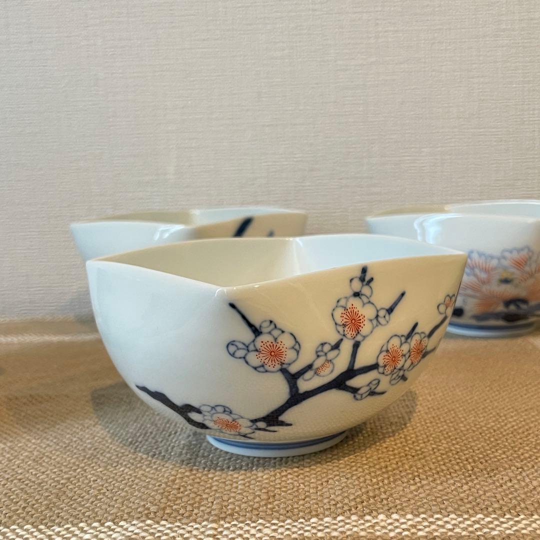 【美品】深川製磁 小鉢 4客セット 四季の花 菱形 有田焼