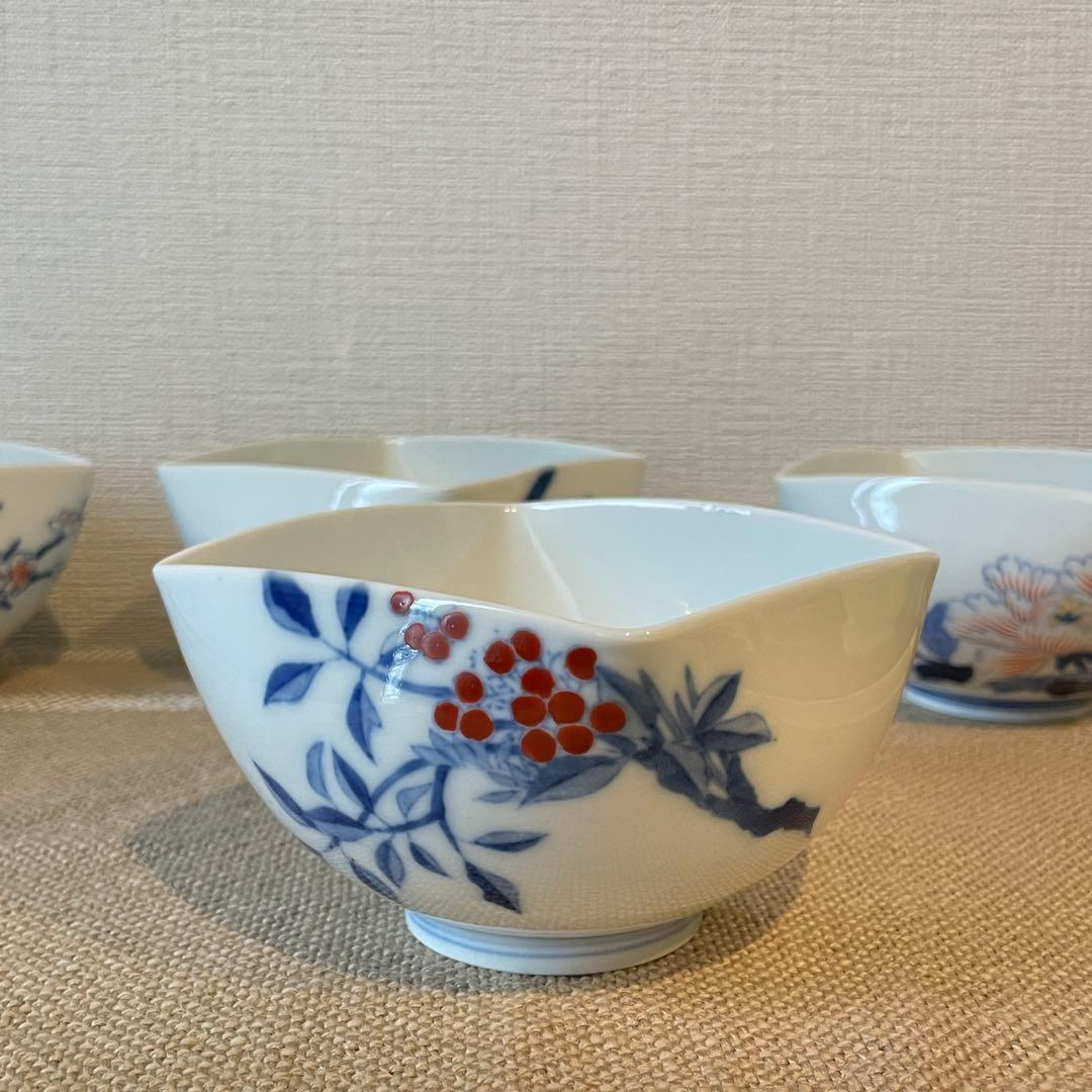 【美品】深川製磁 小鉢 4客セット 四季の花 菱形 有田焼