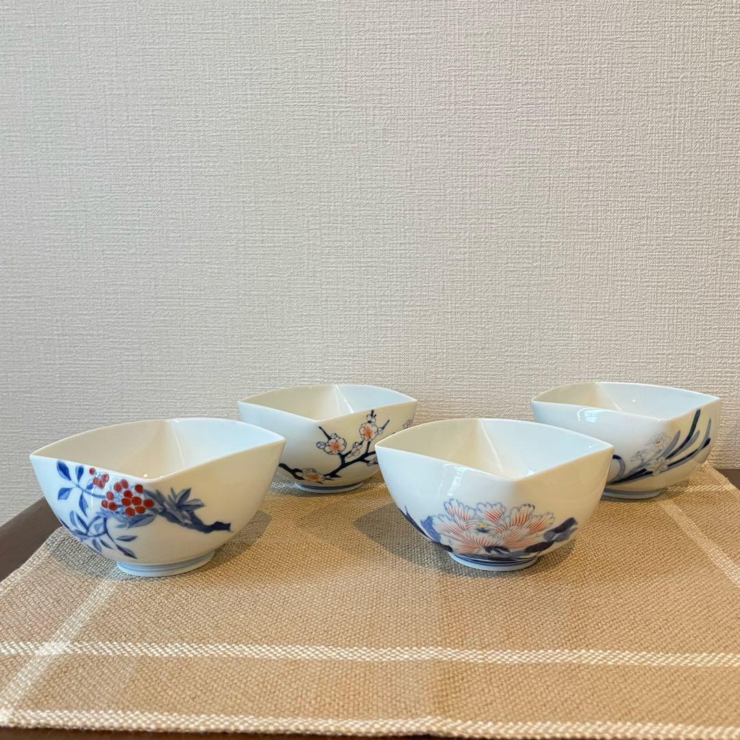 【美品】深川製磁 小鉢 4客セット 四季の花 菱形 有田焼