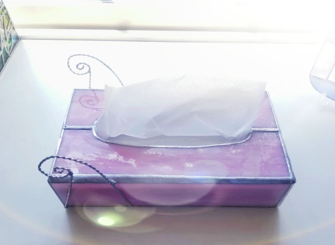 ステンドグラス　アンティーク調　ティッシュボックスピンク色(現品限り)