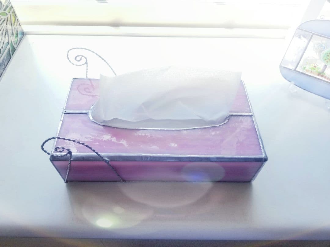 ステンドグラス　アンティーク調　ティッシュボックスピンク色(現品限り)