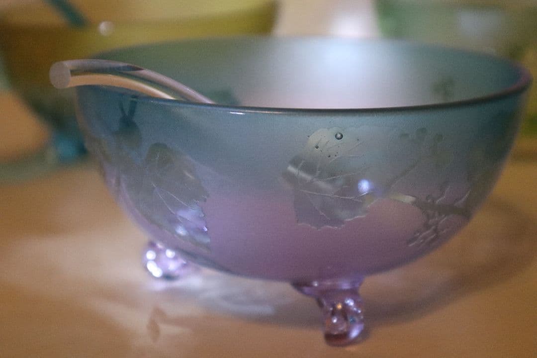 北一硝子　デザート椀セット 花柄 4個 スプーン付　ガラスボウル