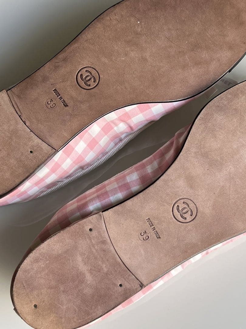 CHANEL シャネル　ギンガム　チェック リボン　フラットシューズ　バレリーナ