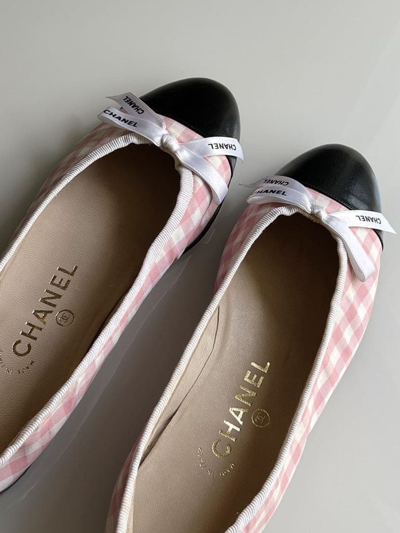CHANEL シャネル　ギンガム　チェック リボン　フラットシューズ　バレリーナ