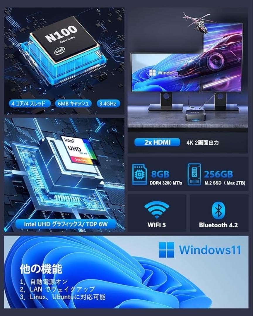 1品限り❤️ミニPC N100最大3.4GHz 16GB変装可 8GB 256GB
