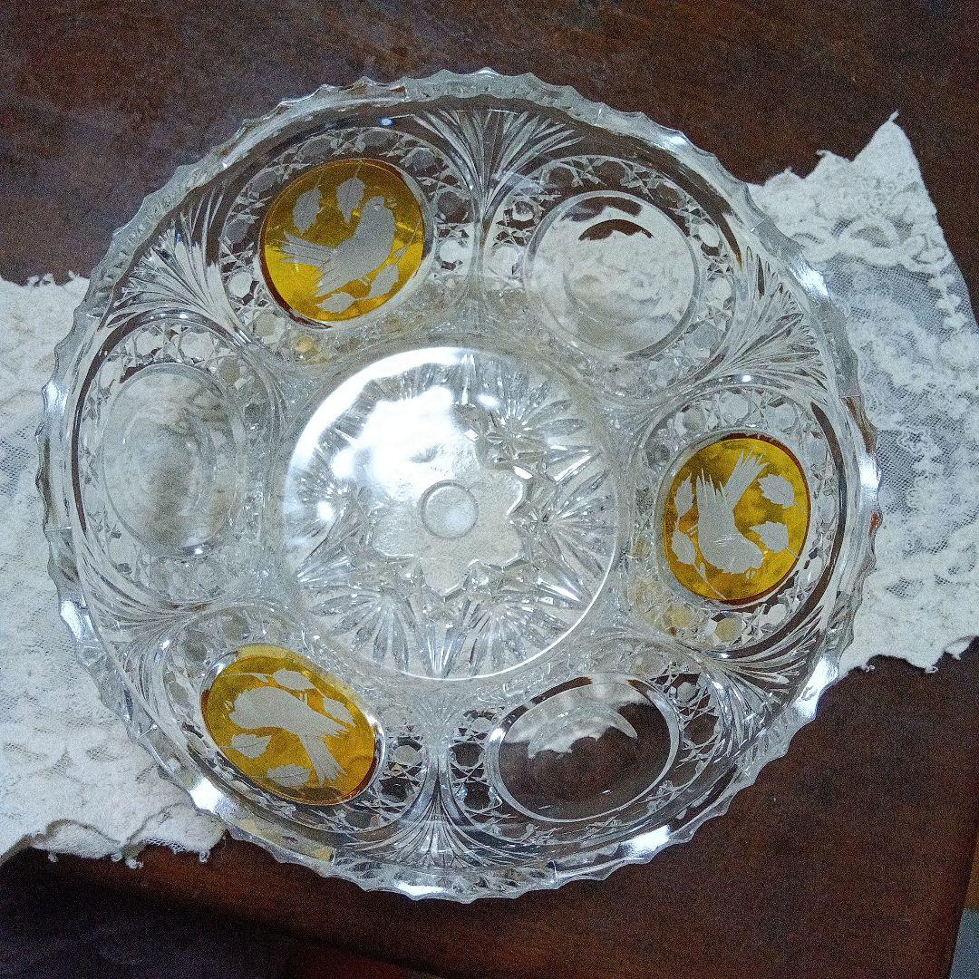 ホフバウワー イエローバードクリスタルガラス ボウル 小鳥アンティーク　西ドイツ
