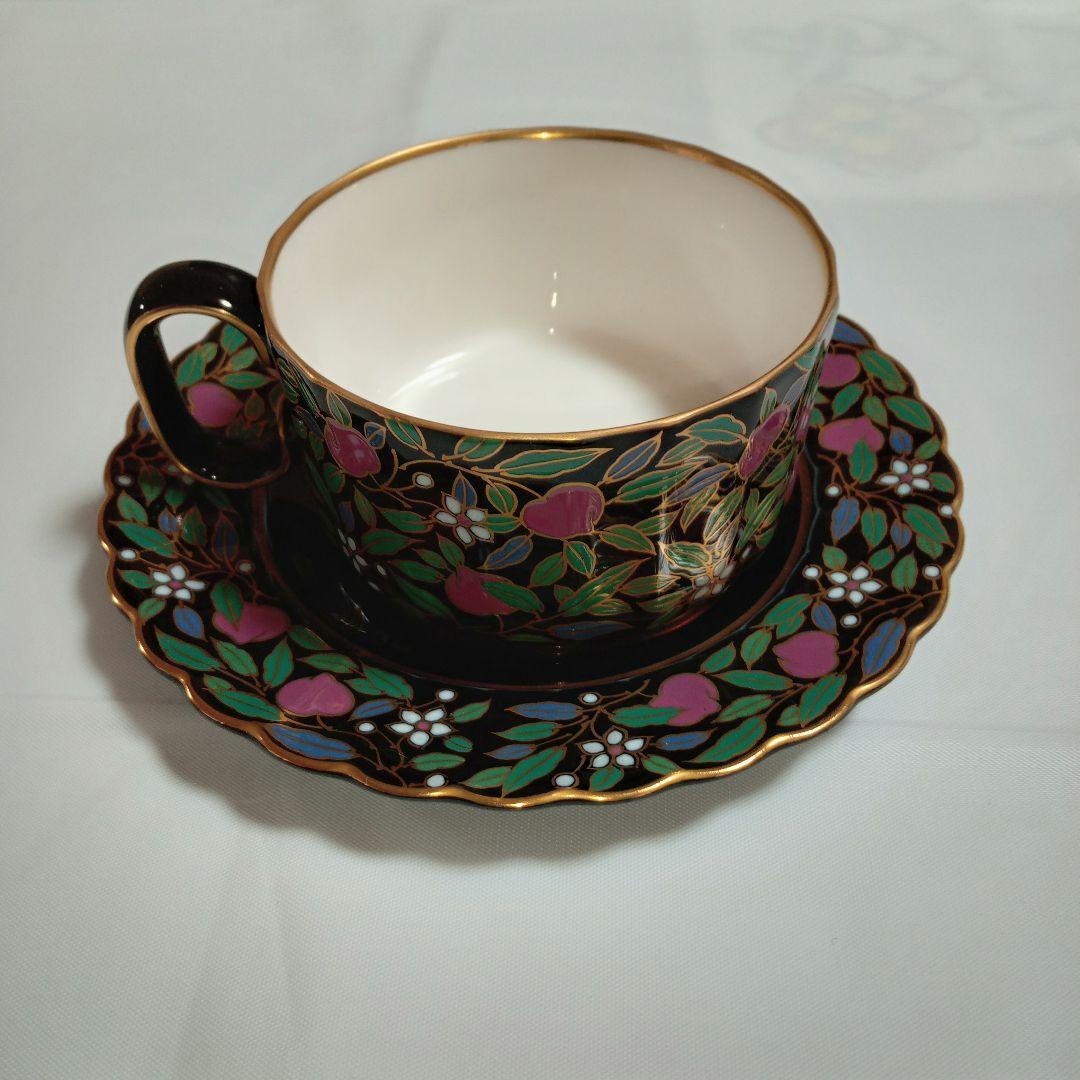 【 中山陶器 宮内庁御用達 】 黒釉桃花ティーセット