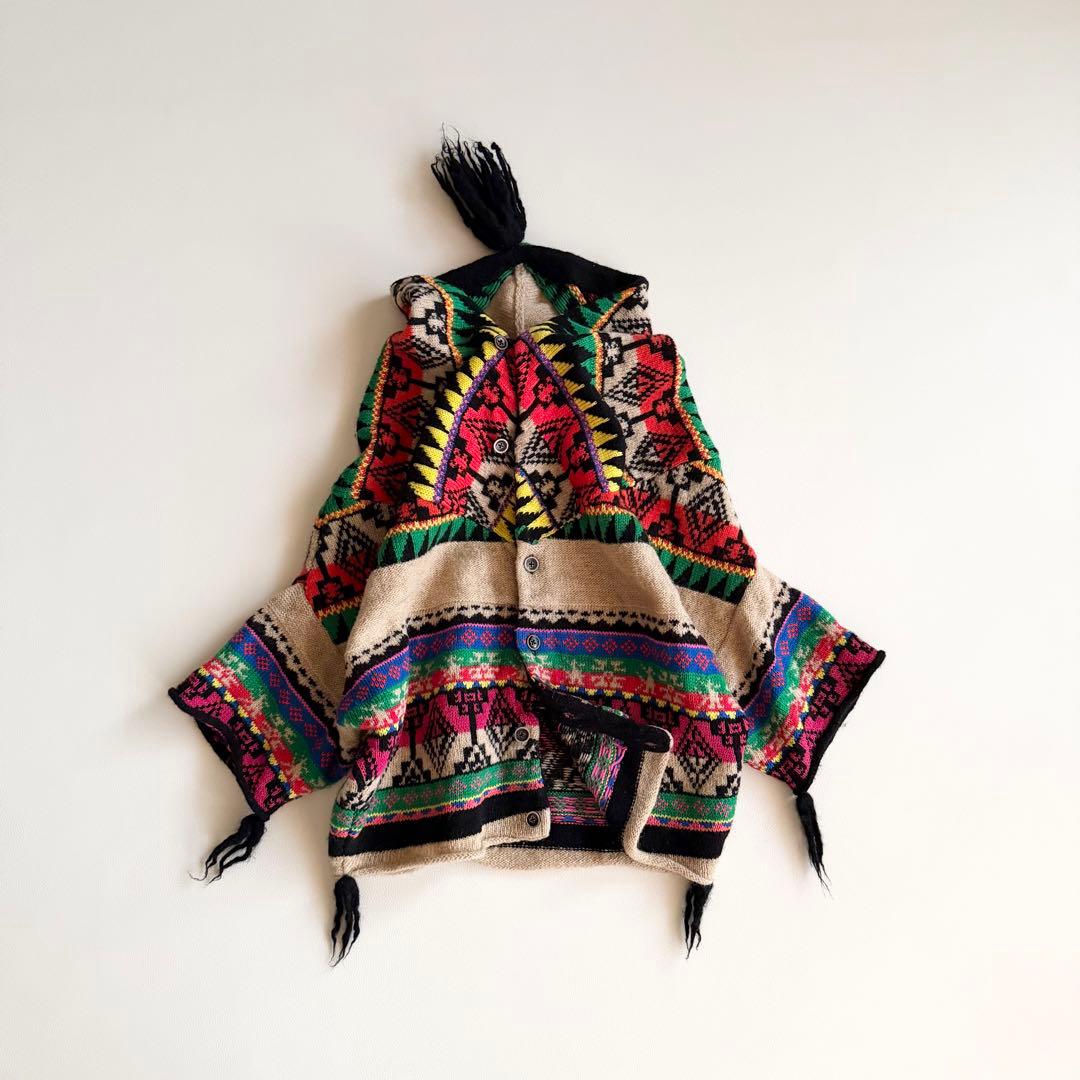 【キャピタル】フード 総柄ニットトップス ウール混 ネイティブ ヴィンテージ