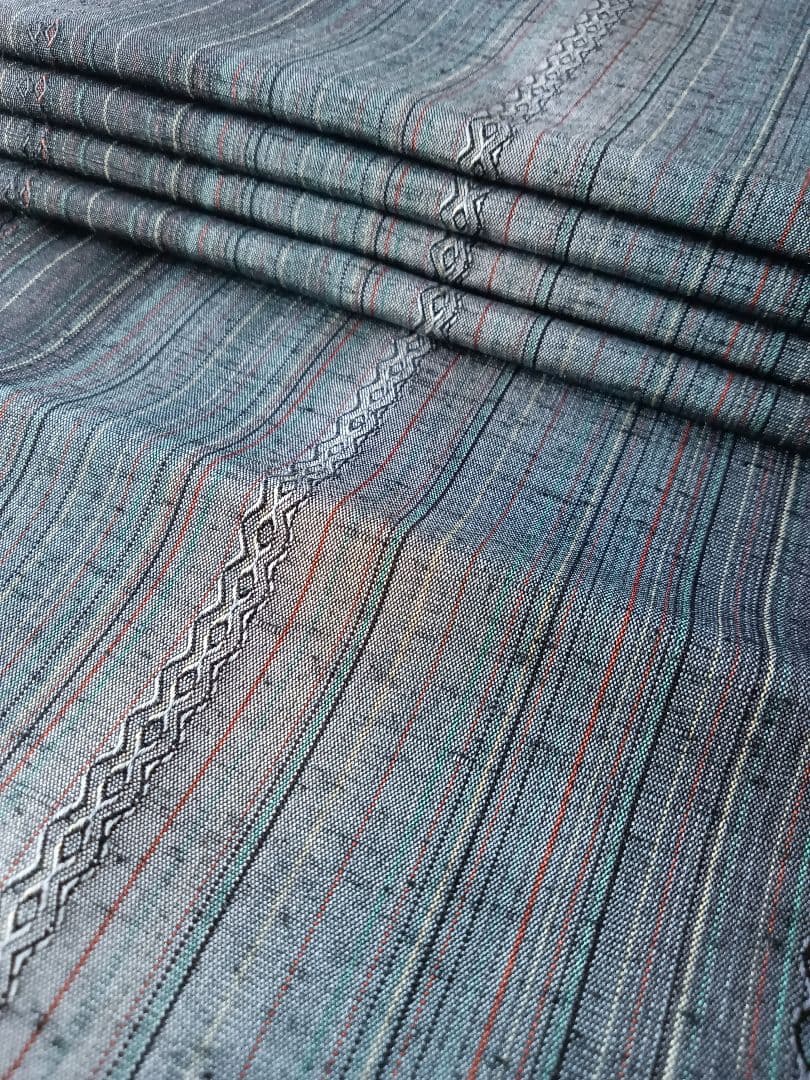 未使用 絹 紬反物 着尺 ダークブルー系 ストライプ 正絹 L15