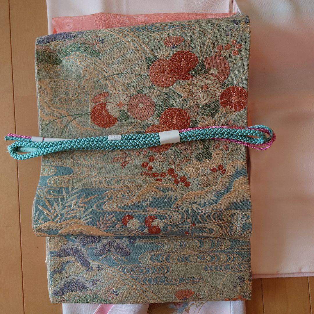 【美品】訪問着フルセット　正絹　袷　桜色　扇面草花文様　唐織六通袋帯