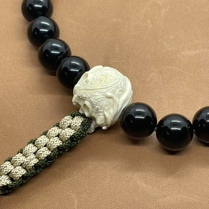 日本製 オニキス 虎の目 念珠 手彫り 数珠 マンモス象牙 髑髏 骸骨 スカル